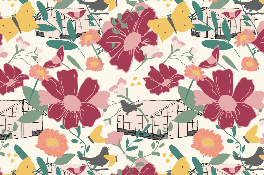 Mönsterkollektionen Växthuset hero print, färgställning 1